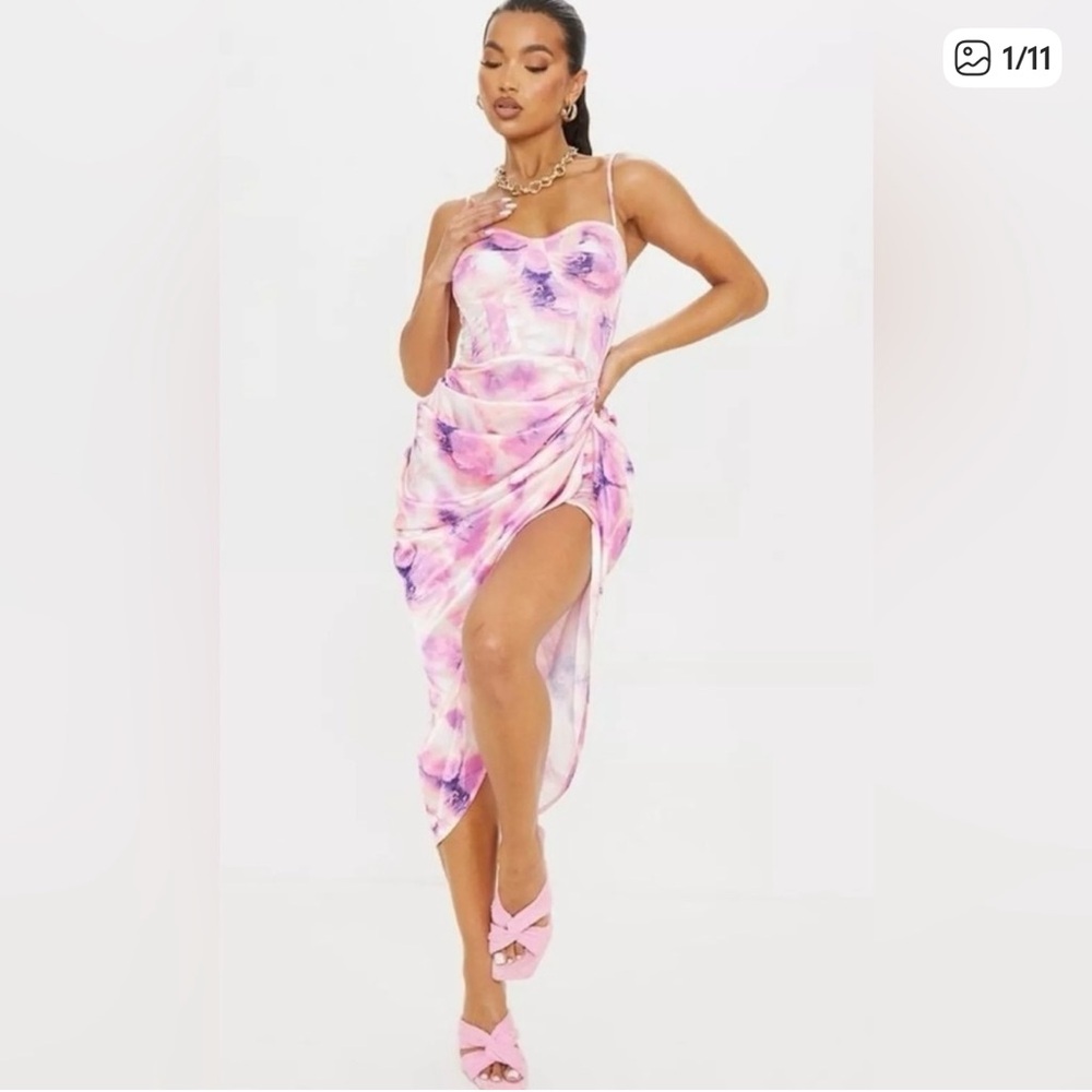 NWOT PrettyLittleThing Lilac and Pink Tie-Dye Satin Ruched Midi Dress